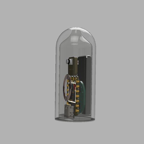 Rendering of the earBalance device with its internal electronics visible inside a clear housing